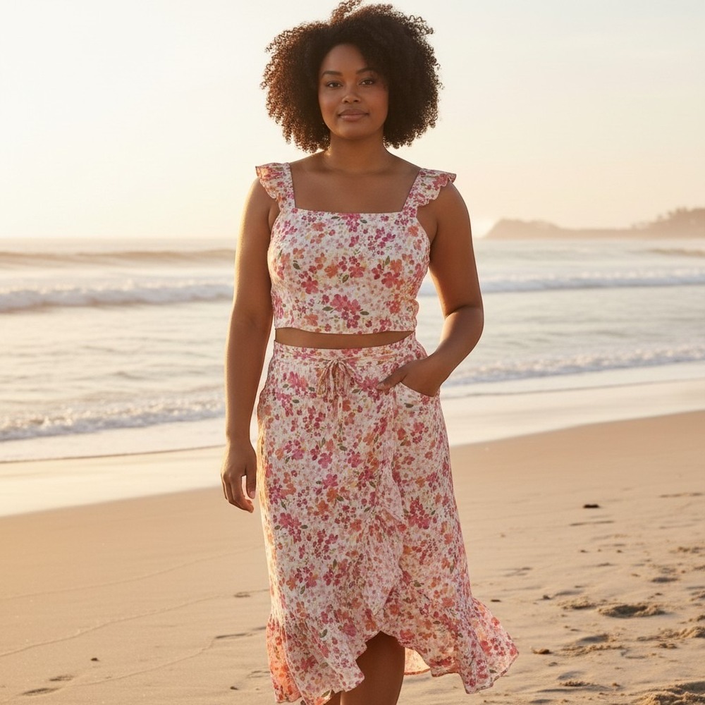 New No Boundaries Women Floral 2-Piece Top and Wrap Skirt Set Vivid White 3XL